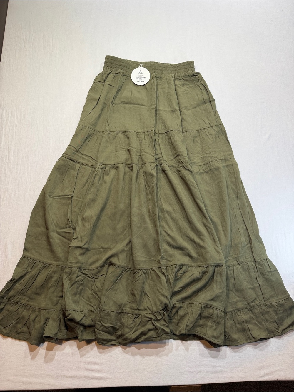 Women's Olive Tiered Maxi Skirt with Elastic Waist boho